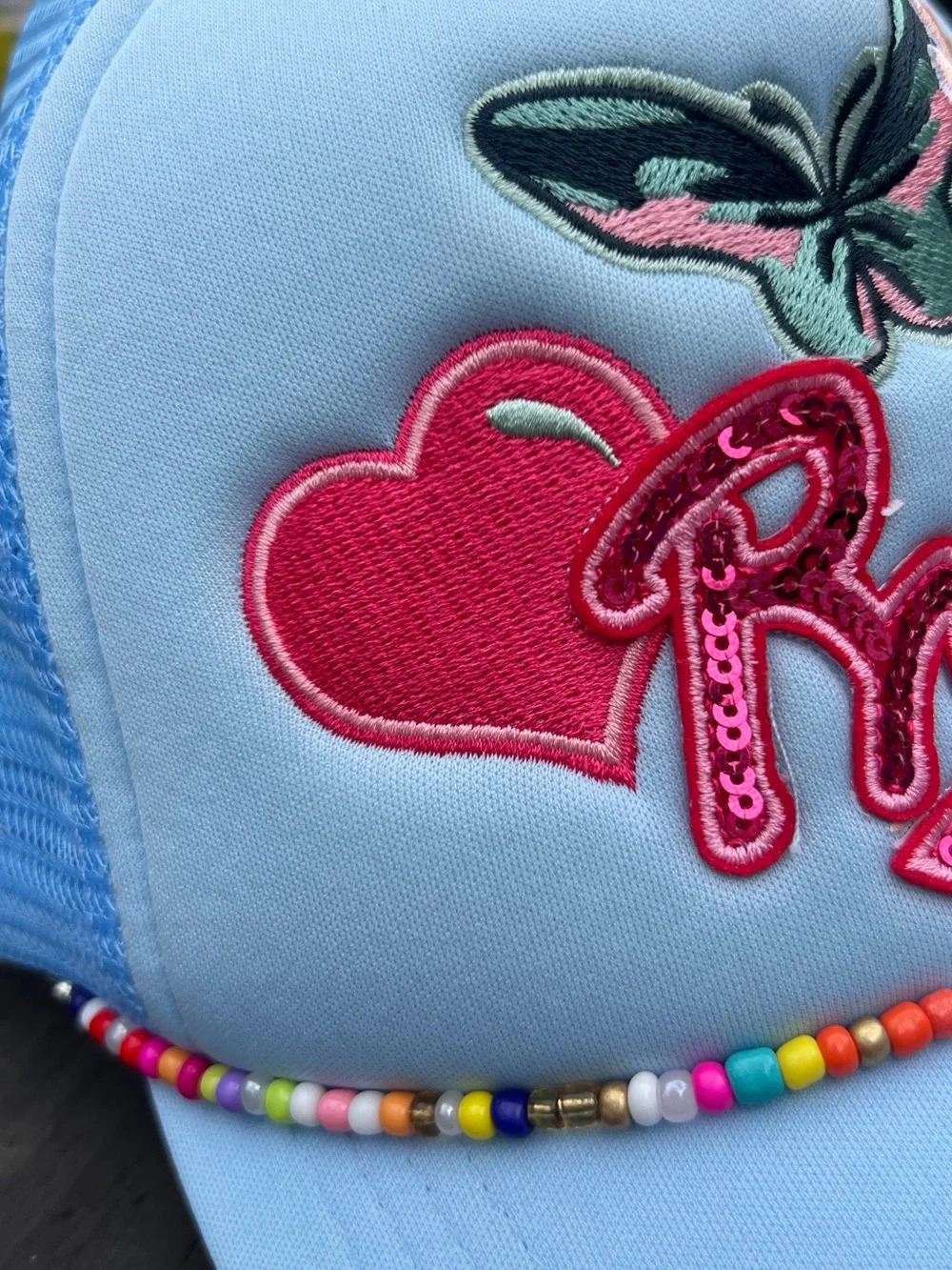 Pretty Blue Trucker Hat Butterfly Daisy Beaded Snapback NWOT